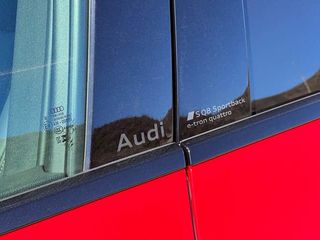 Detail shot of the Audi SQ8 E-Tron Sportback's B-pillar badge