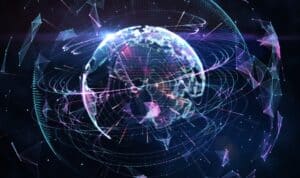 a hologram of the earth surrounded by smaller tech-based holograms