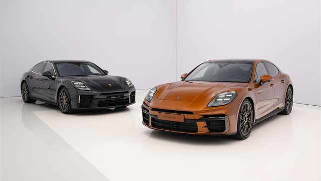 Two 2024 Porsche Panameras at a 3/4 angle, one painted black and the other orange