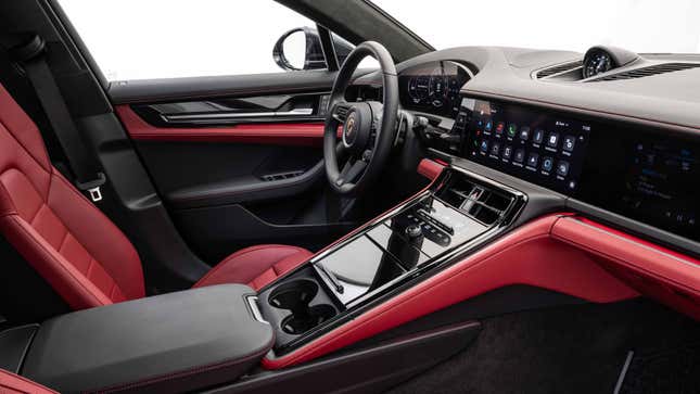 Side-angle view of a red 2024 Porsche Panamera interior