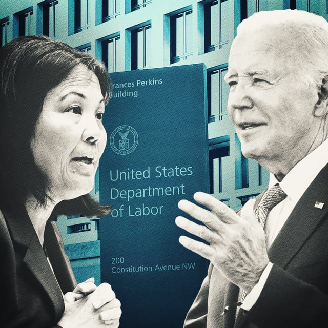 Photo illustration of Labor Department with President Joe Biden and Acting Labor Secretary Julie Su