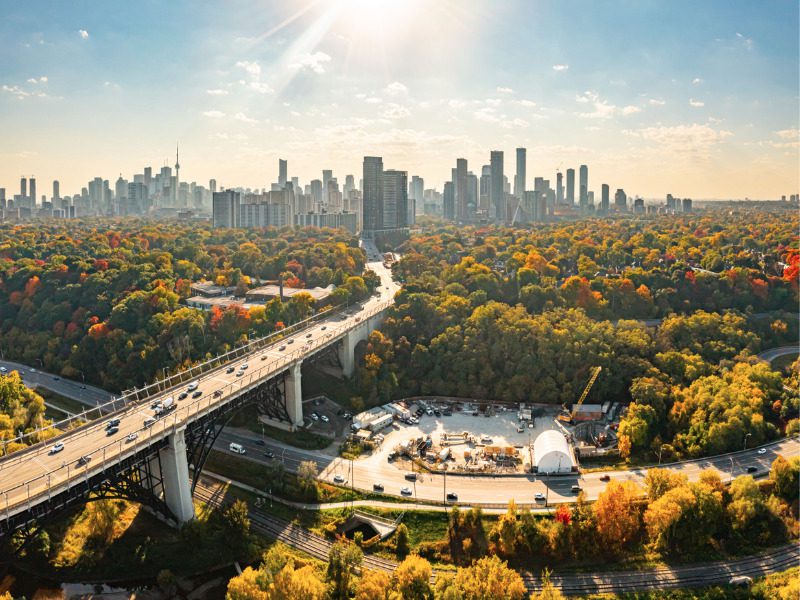 Aerial view of Bayview Avenue and Rosedale in autumn in Toronto
