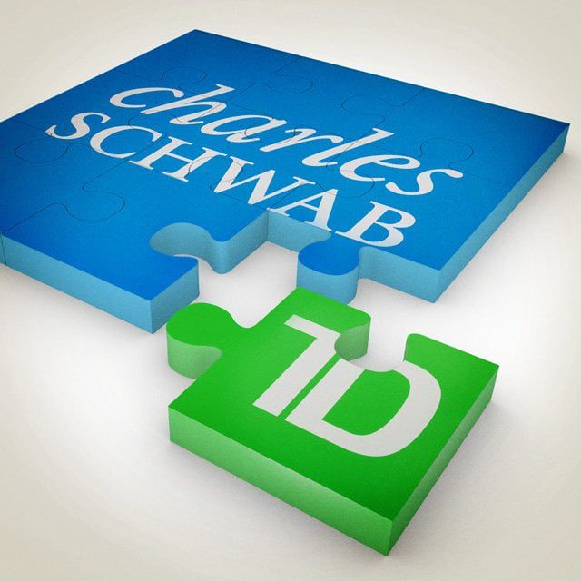 A blue Charles Schwab logo shaped like a large puzzle piece is being fitted together with a green TD Ameritrade logo shaped like a puzzle piece