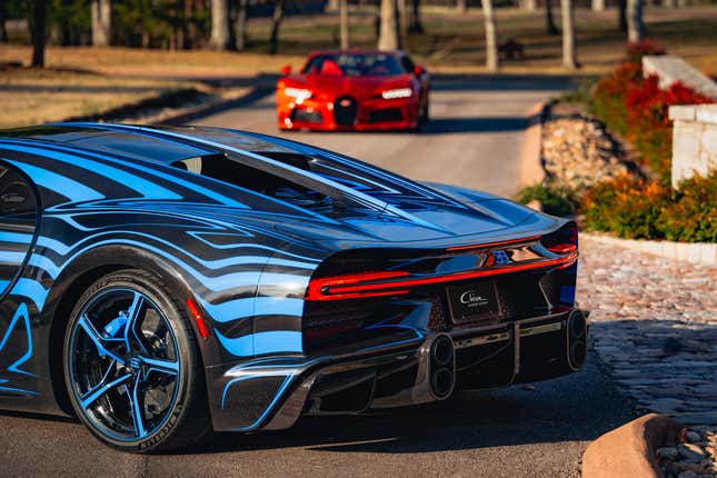 Close-up of a blue and black Bugatti Chiron Super Sport's rear end