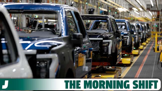 Ford Motor Company's electric F-150 Lightning on the production line at their Rouge Electric Vehicle Center in Dearborn, Michigan on September 8, 2022.