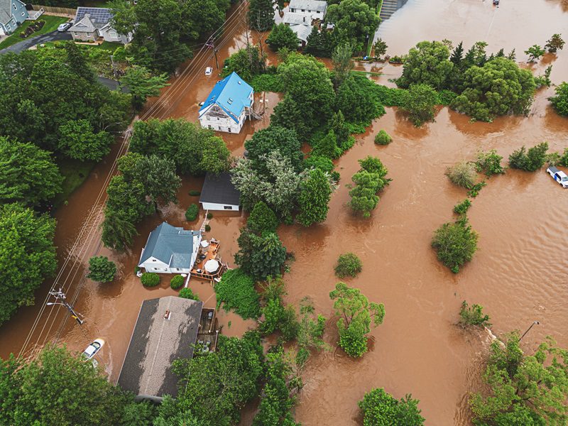 Aerial view of flooded homes following record rainfall