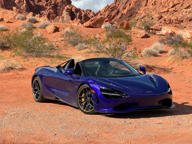 Front 3/4 view of a purple McLaren 750S Spider