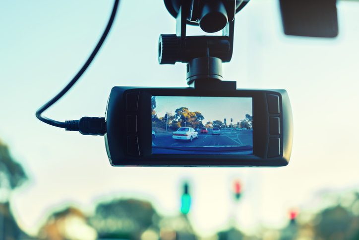 Dashboard camera in action installed on car windscreen