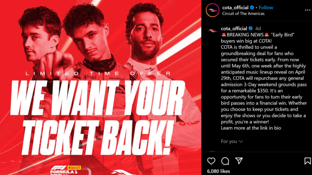 COTA offers $350 buyback for F1 U.S. Grand Prix early bird passes it sold for $299