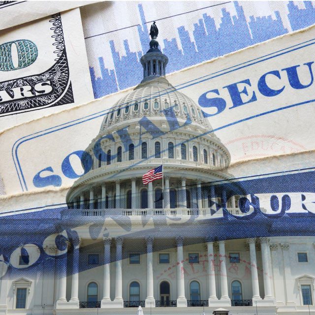 capitol in Washington DC with a Social Security card and money