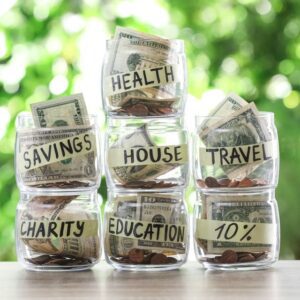 Glass jars with money for different needs