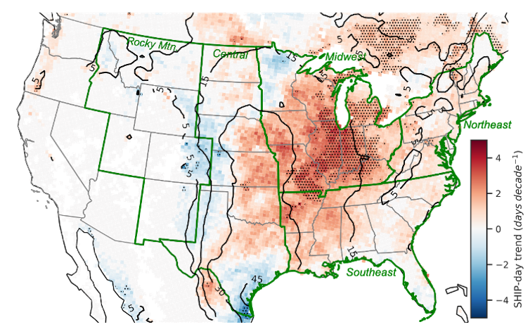 A map shows the greatest increases over the Midwest down to Texas.