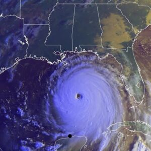 A satellite image of Hurricane Katrina off the Gulf Coast