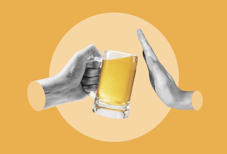 Graphic of a hand offering a beer mug and another hand declining it, against a yellow background